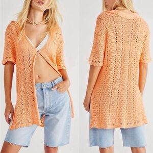 Free People Knit Crochet Cardigan Orange button down